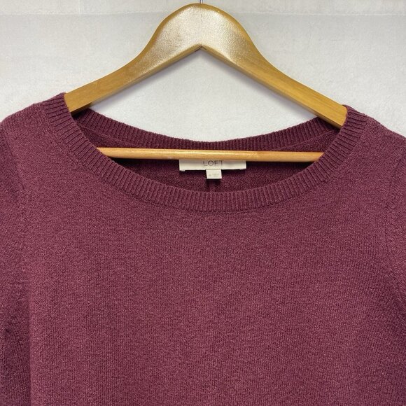 Loft Crew Neck Pullover Knit Sweater Women Medium Burgundy Side Slit Hem - Picture 11 of 12